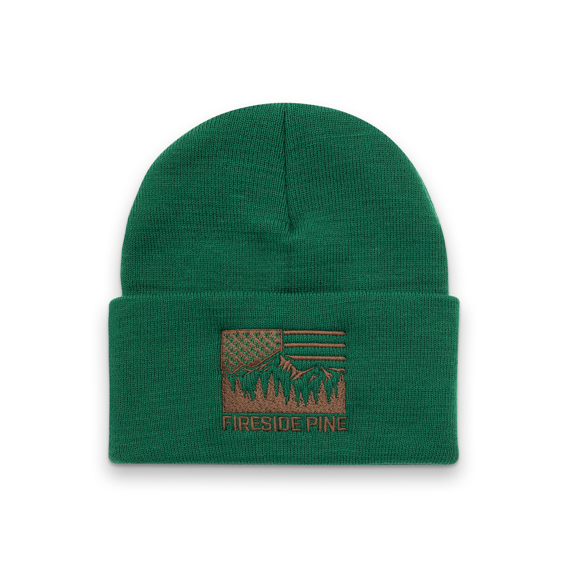 Made in USA. 100% Acrylic Knit beanie. Measuring approximately 12 inches long. Green colored beanie featuring the Fireside Pine American Flag Mountain logo embroidered on the front.