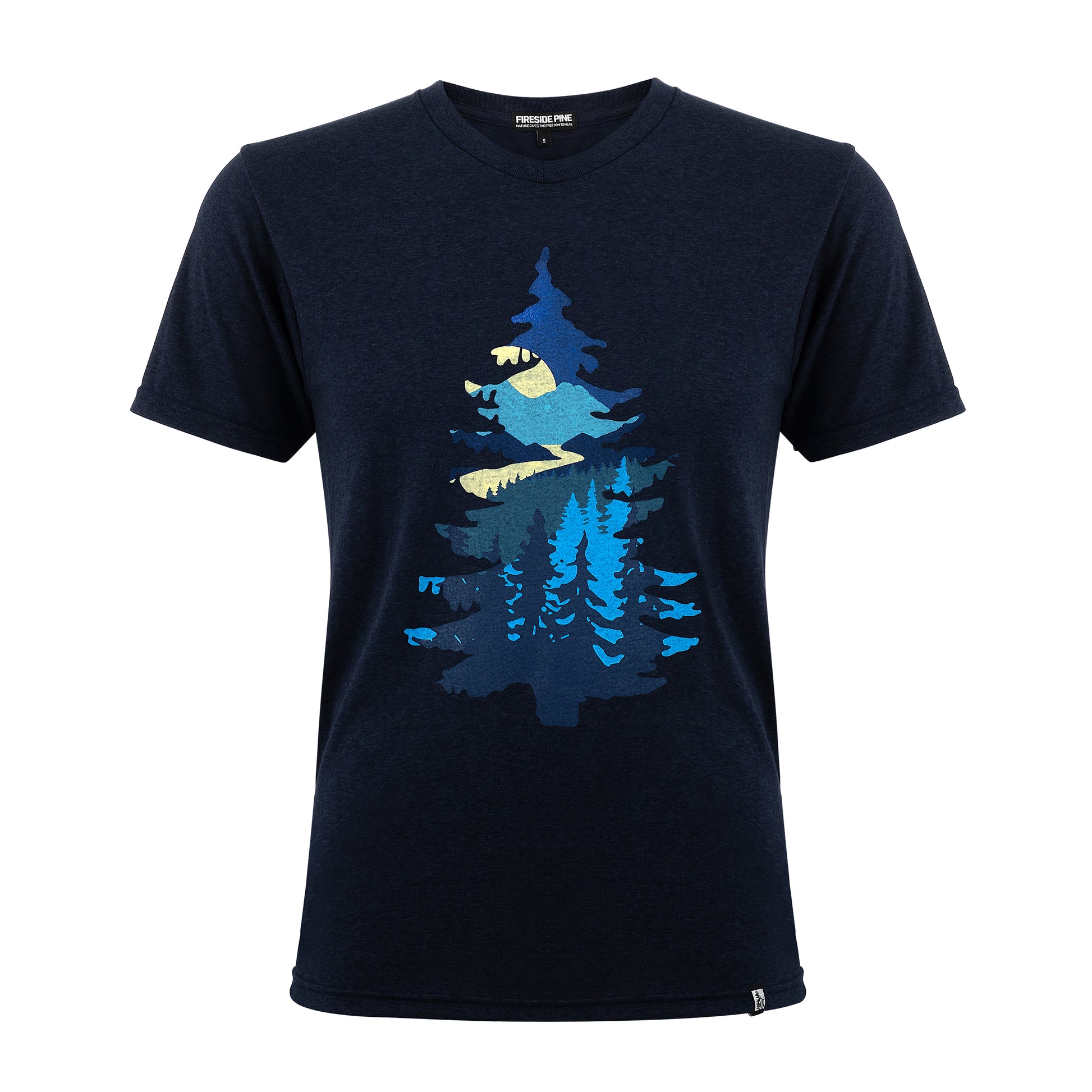 Made in the USA ultra-comfortable Relaxed Fit T-Shirt with a blend of premium materials, ensuring durability, breathability, and a luxuriously soft feel. Featuring a large nighttime landscape graphic, all contain inside a pine tree silhouette. Front View.