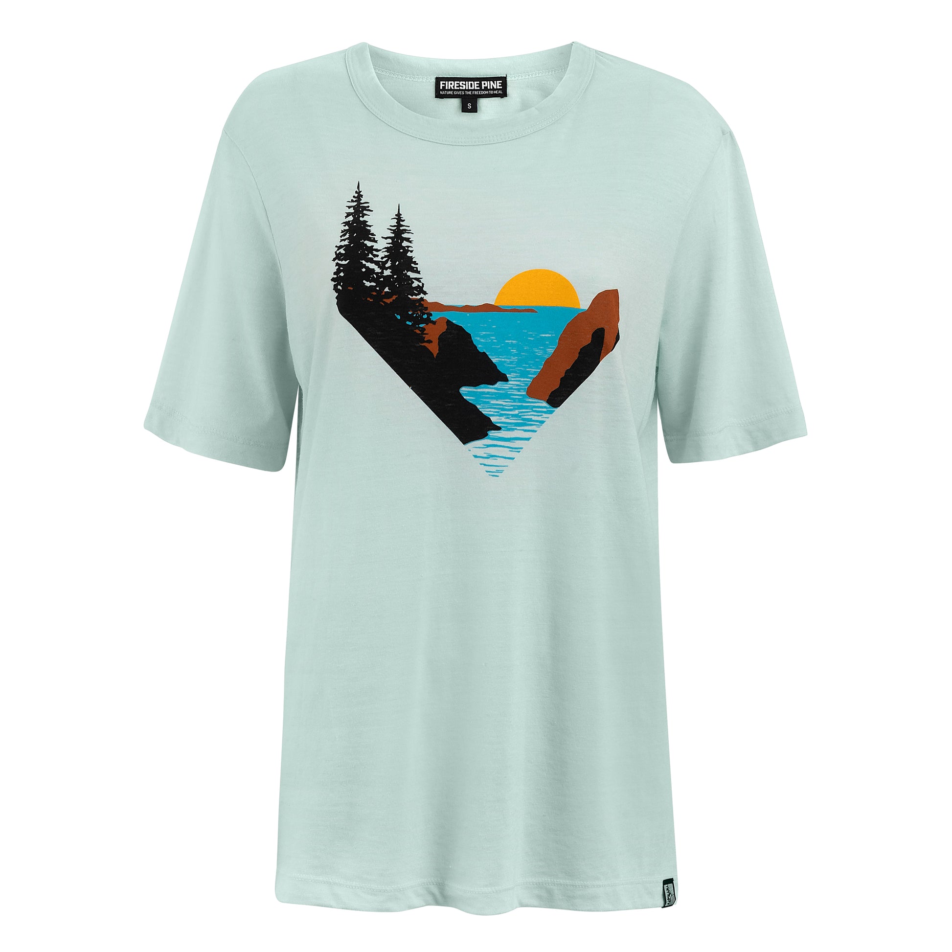 Made in the USA Oversize Fit T-Shirt. Made with a unique composition of 25% Modal, 50% Combed Cotton, and 25% Polyester, this shirt offers a luxurious feel with enhanced resilience. This sky blue short sleeve features a Pacific Ocean coastline graphic. Inspired by the Pacific North West. Front View.