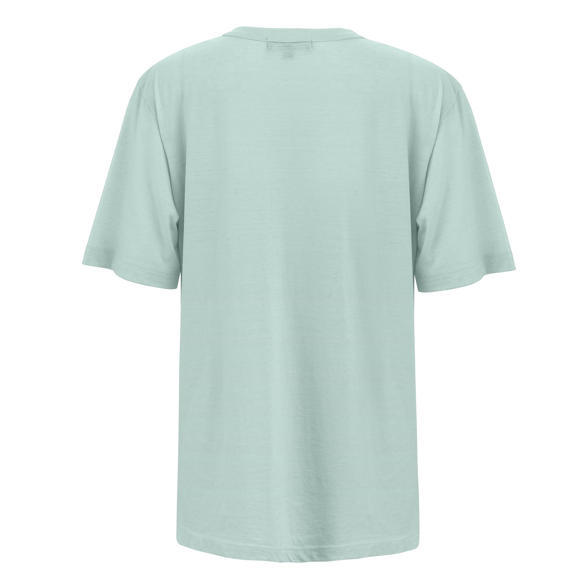 Made in the USA Oversize Fit T-Shirt. Made with a unique composition of 25% Modal, 50% Combed Cotton, and 25% Polyester, this shirt offers a luxurious feel with enhanced resilience. This sky blue short sleeve features a Pacific Ocean coastline graphic. Inspired by the Pacific North West. Back View.