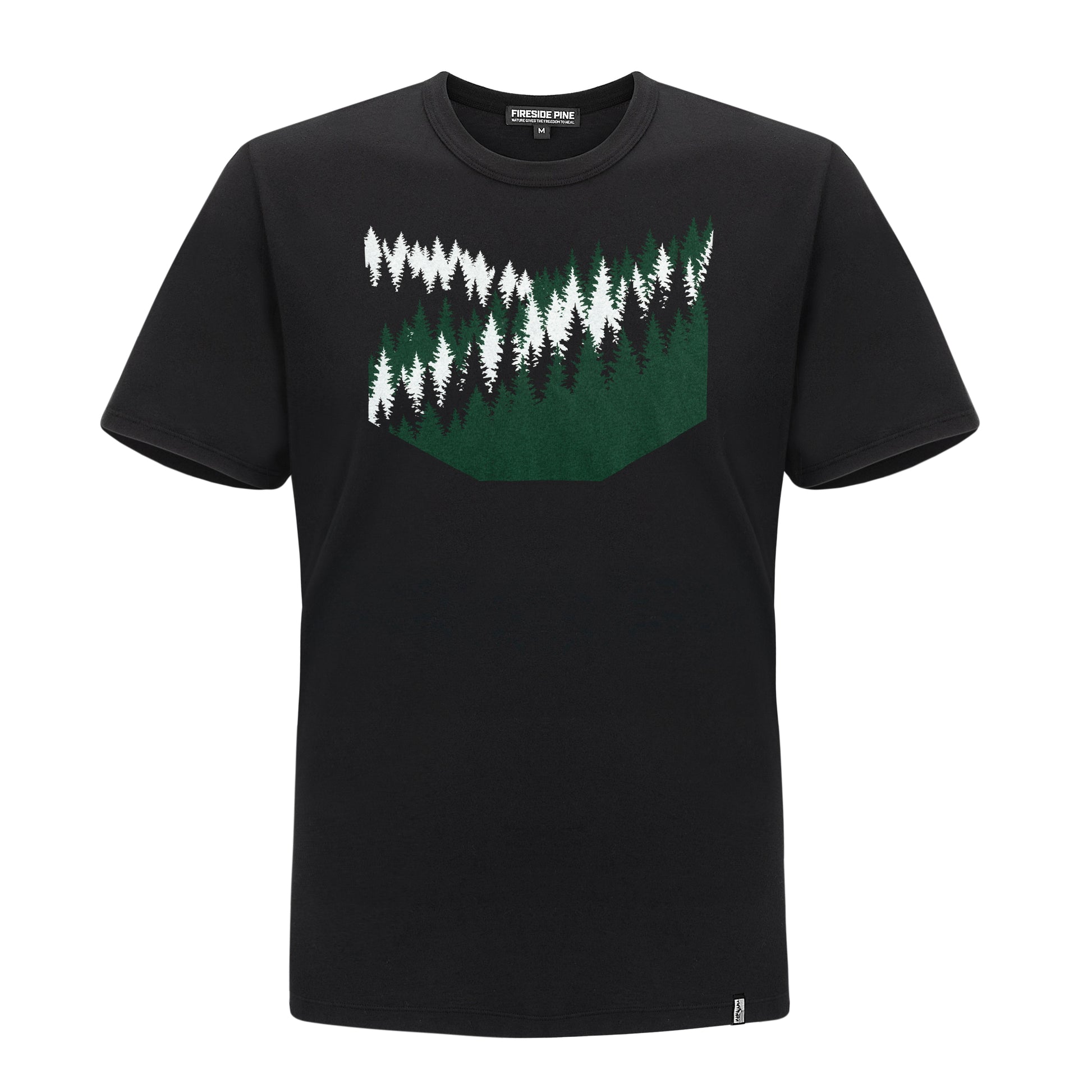 An environmentally conscious Relaxed Fit T-Shirt, proudly made in the USA and crafted with care from a blend of 50% Modal and 50% Cotton. This T-shirt features a 3 color pine tree forest graphic inspired by the Pacific North West. Front View.