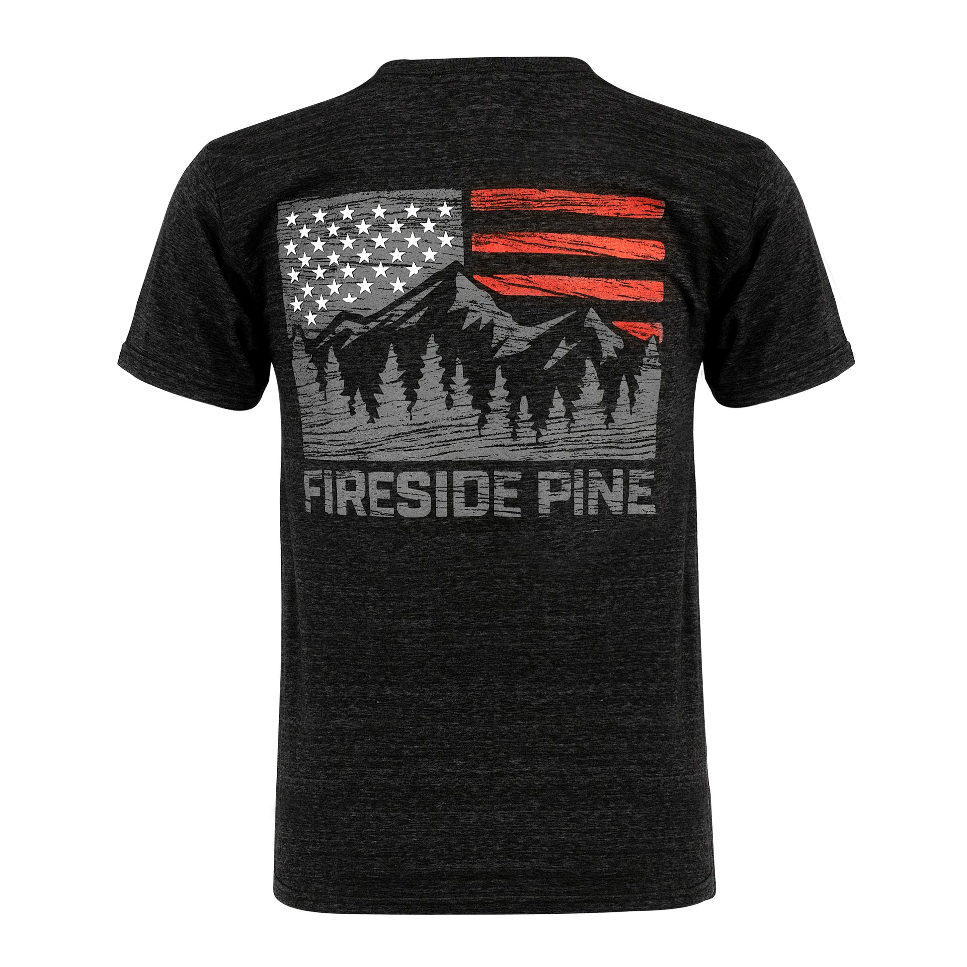 An ultra-comfortable Relaxed Fit T-Shirt made in the USA with a blend of premium materials, ensuring durability, breathability, and a luxuriously soft feel. Featuring the Fireside Pine American Flag Mountain logo on the back in full color. Back View.