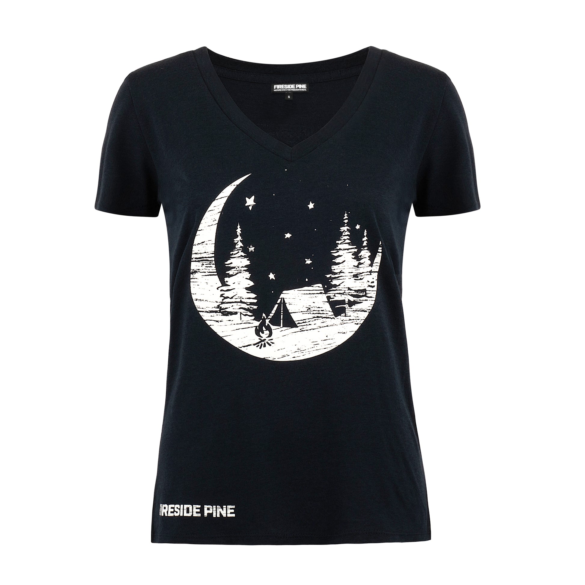 Made in the USA T-Shirt. Crafted with precision from a blend of 60% Viscose Hemp and 40% Combed Ring Spun Organic Cotton, this shirt embodies eco-consciousness and durability. Featuring a regular fit and a feather-light fabric. Short sleeve feminine cut tee with a night time camping scene graphic, inspired by the Pacific North West. Front View.