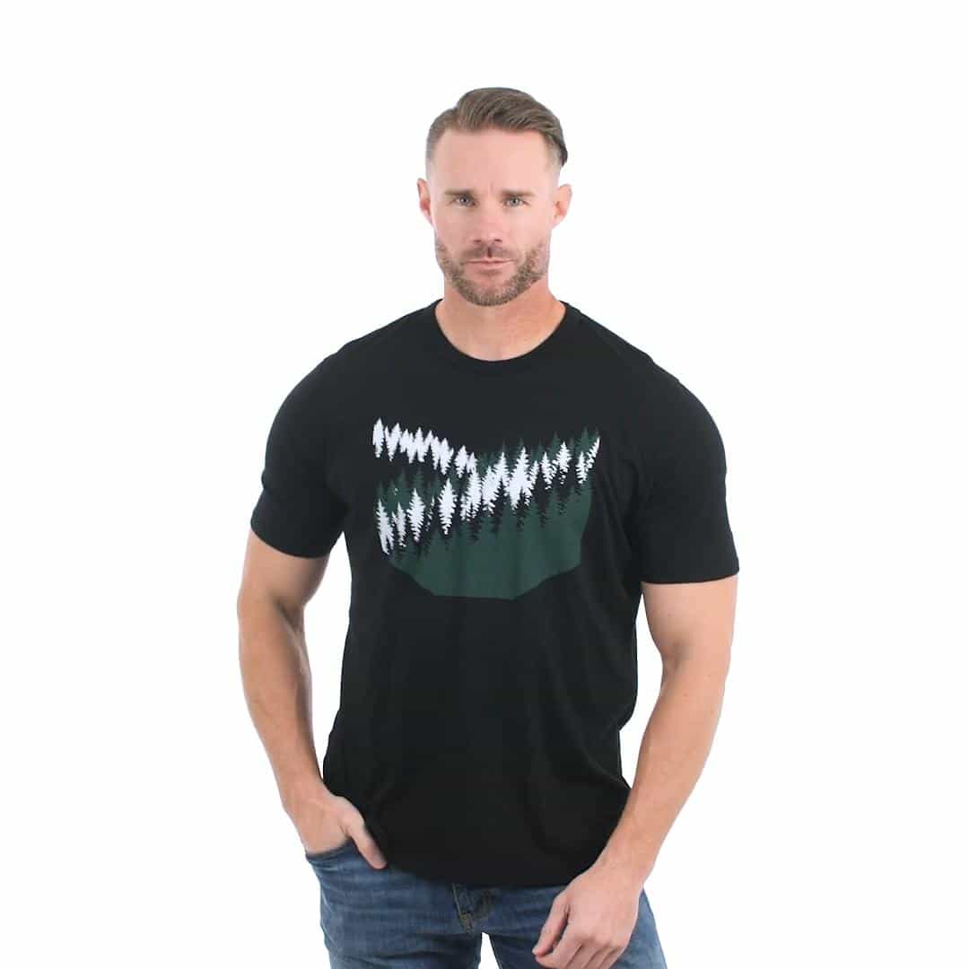 An environmentally conscious Relaxed Fit T-Shirt, proudly made in the USA and crafted with care from a blend of 50% Modal and 50% Cotton. This T-shirt features a 3 color pine tree forest graphic inspired by the Pacific North West. Model Fit Video.