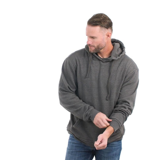 Gunmetal Gray Made in the USA zip up Eco-friendly sweatshirt, The metal zipper adds durability and a sleek finish to the garment. On the back, you'll find a striking full-color screen print of our classic Fireside Pine American Flag Mountain logo. Model Fit Video.