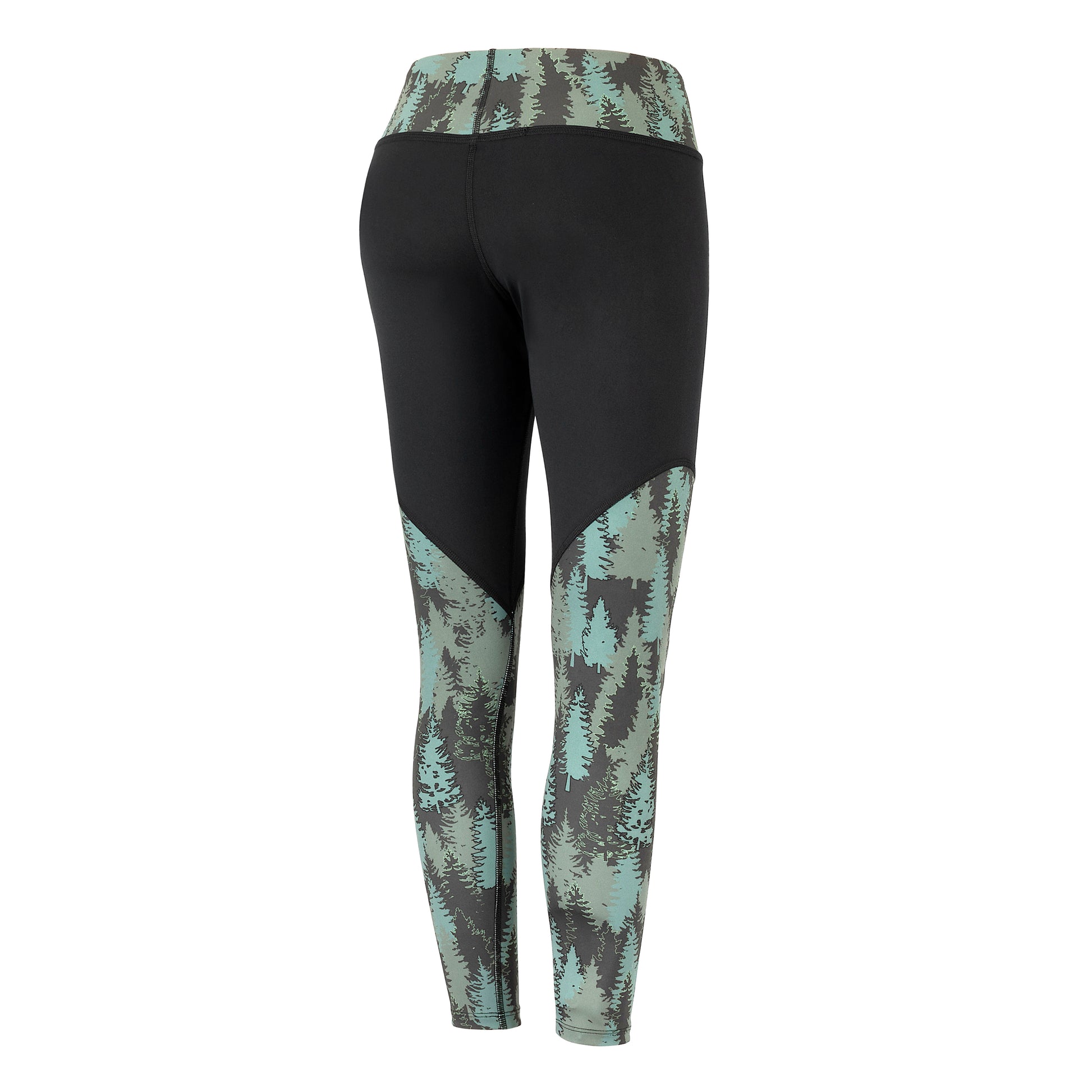 Crafted with care from a premium blend of materials. With a mid to high-rise waist, they provide just the right amount of coverage and support. The 7/8 length design adds a trendy touch to your look. These leggings feature a green and black color scheme graphic pine tree pattern. Back View.