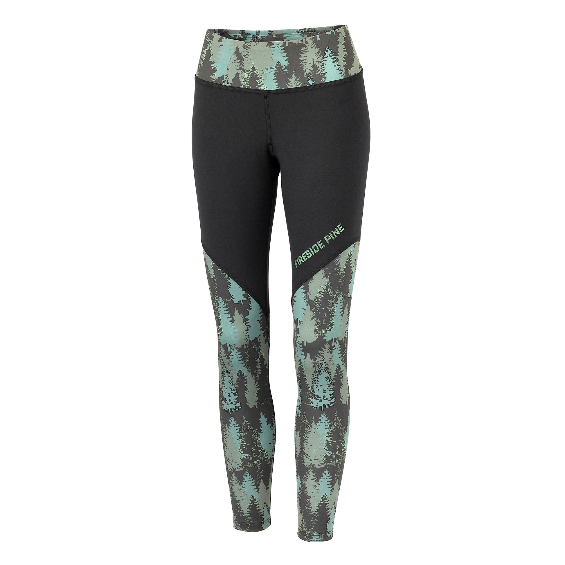 Crafted with care from a premium blend of materials. With a mid to high-rise waist, they provide just the right amount of coverage and support. The 7/8 length design adds a trendy touch to your look. These leggings feature a green and black color scheme graphic pine tree pattern. Front View.