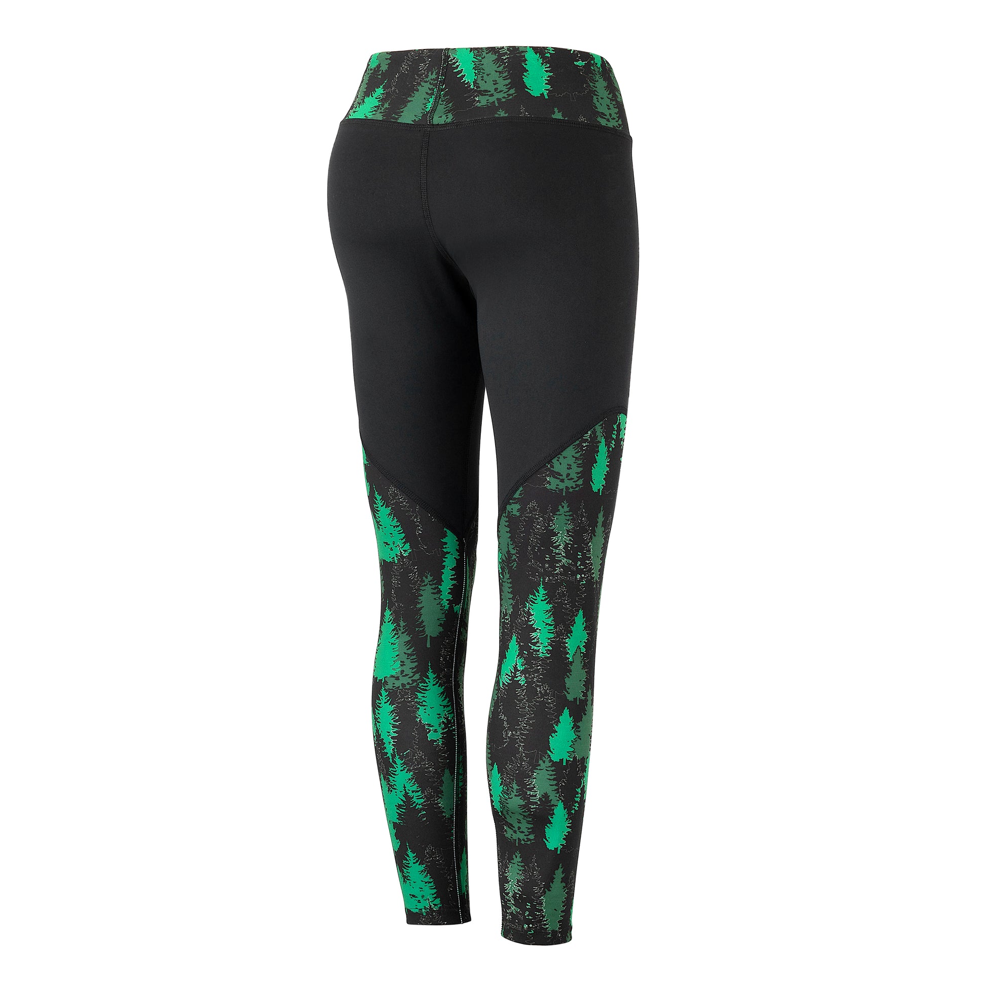 Made in USA 7/8 Green and Black Aspen Leggings. Crafted with care from a premium blend of materials. With a mid to high-rise waist, they provide just the right amount of coverage and support. The 7/8 length design adds a trendy touch to your look. These leggings feature a green and black scheme graphic pine tree pattern. Back View.