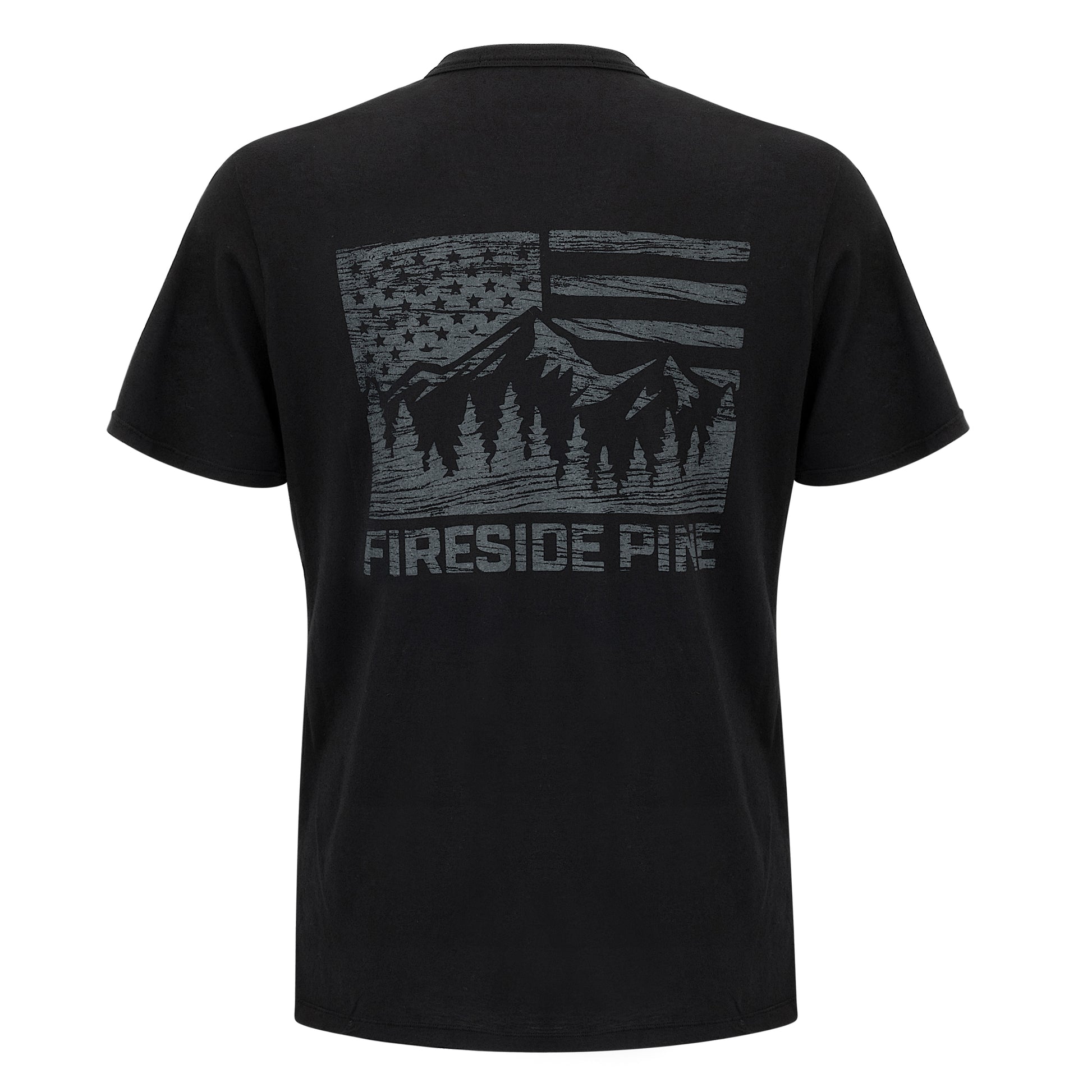 Black, Made in the USA ultra-comfortable Relaxed Fit T-Shirt with a blend of premium materials, from a blend of 50% Modal and 50% Cotton. Featuring a large Fireside Pine Flag Mountain logo on the back. Back View.