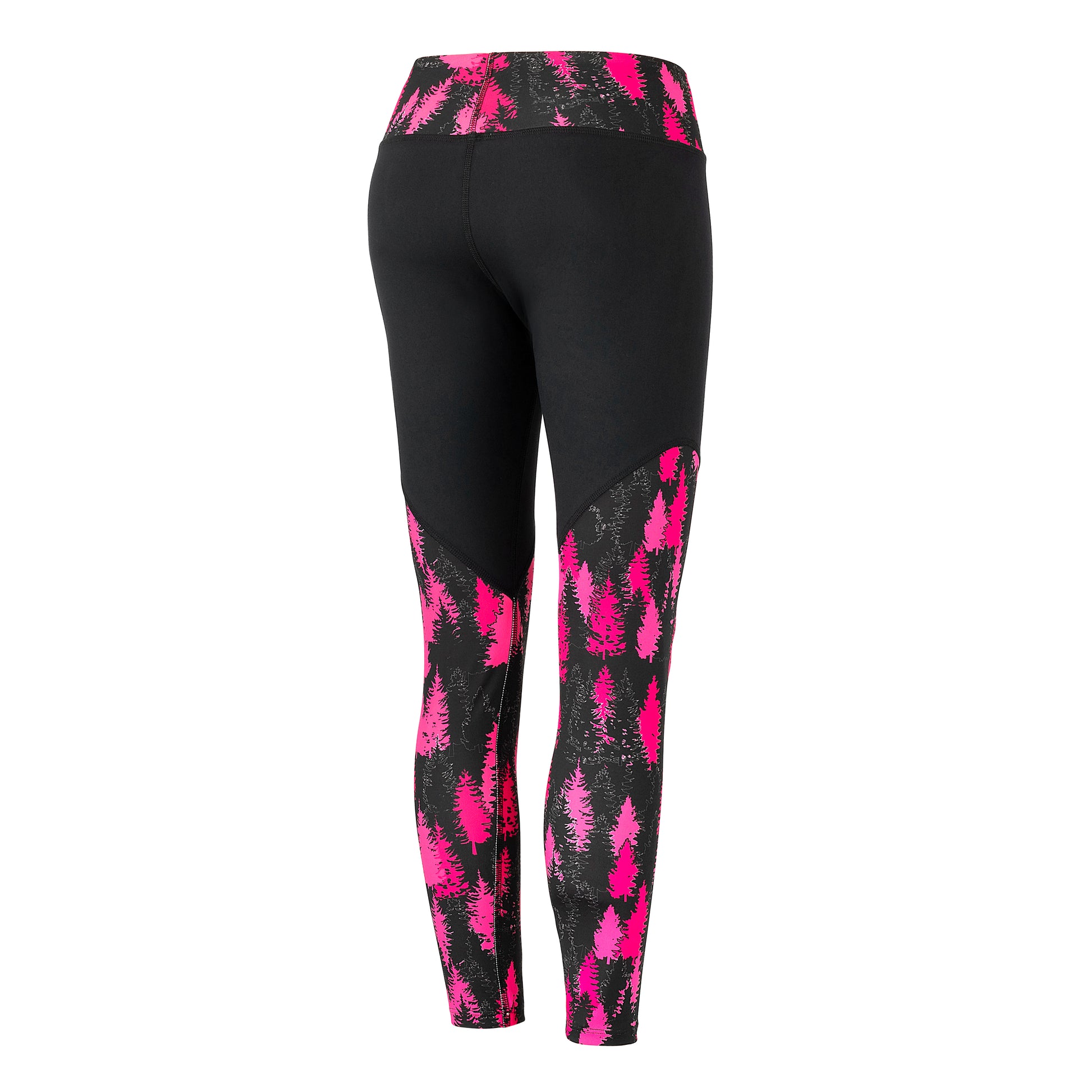 Made in USA 7/8 Pink and Black Aspen Leggings. Crafted with care from a premium blend of materials. With a mid to high-rise waist, they provide just the right amount of coverage and support. The 7/8 length design adds a trendy touch to your look. These leggings feature a hot pink color scheme graphic pine tree pattern. Back View.