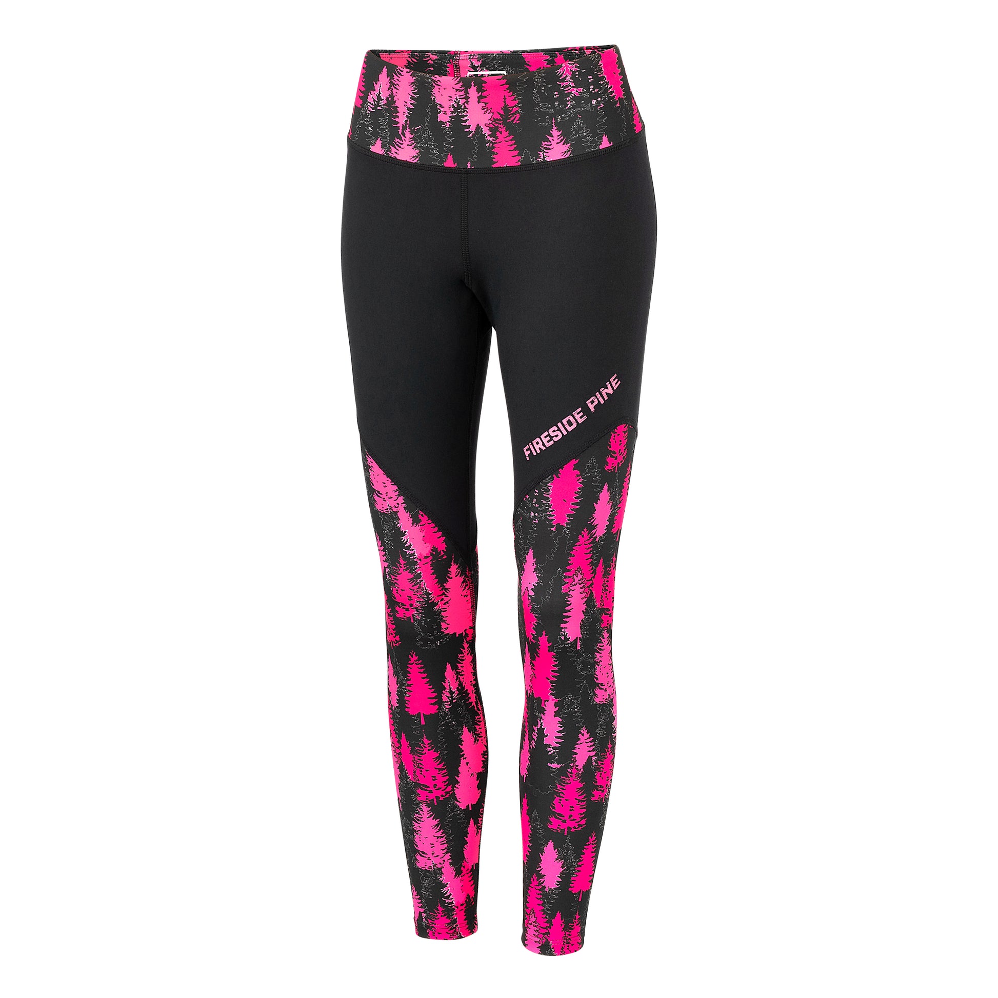 Made in USA 7/8 Pink and Black Aspen Leggings. Crafted with care from a premium blend of materials. With a mid to high-rise waist, they provide just the right amount of coverage and support. The 7/8 length design adds a trendy touch to your look. These leggings feature a hot pink color scheme graphic pine tree pattern. Front View.